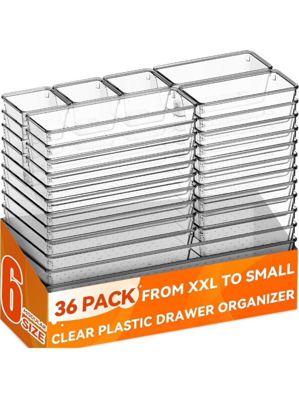 36 Pack Large Clear Plastic Drawer Organizer Bins - 6 Size Acrylic Kitchen